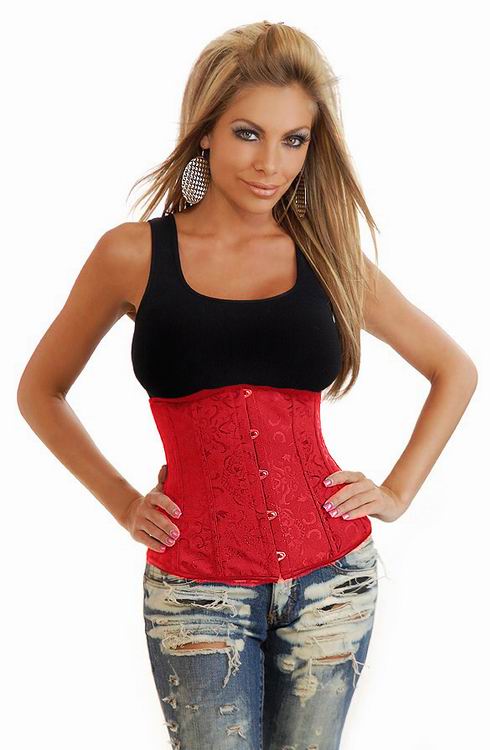 Red Boned Underbust Corset Floral Satin Strapless Corset